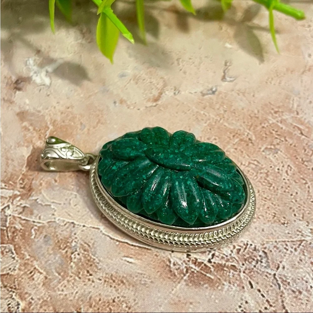 Carved Malachite Silver Pendant - Picture 2 of 4